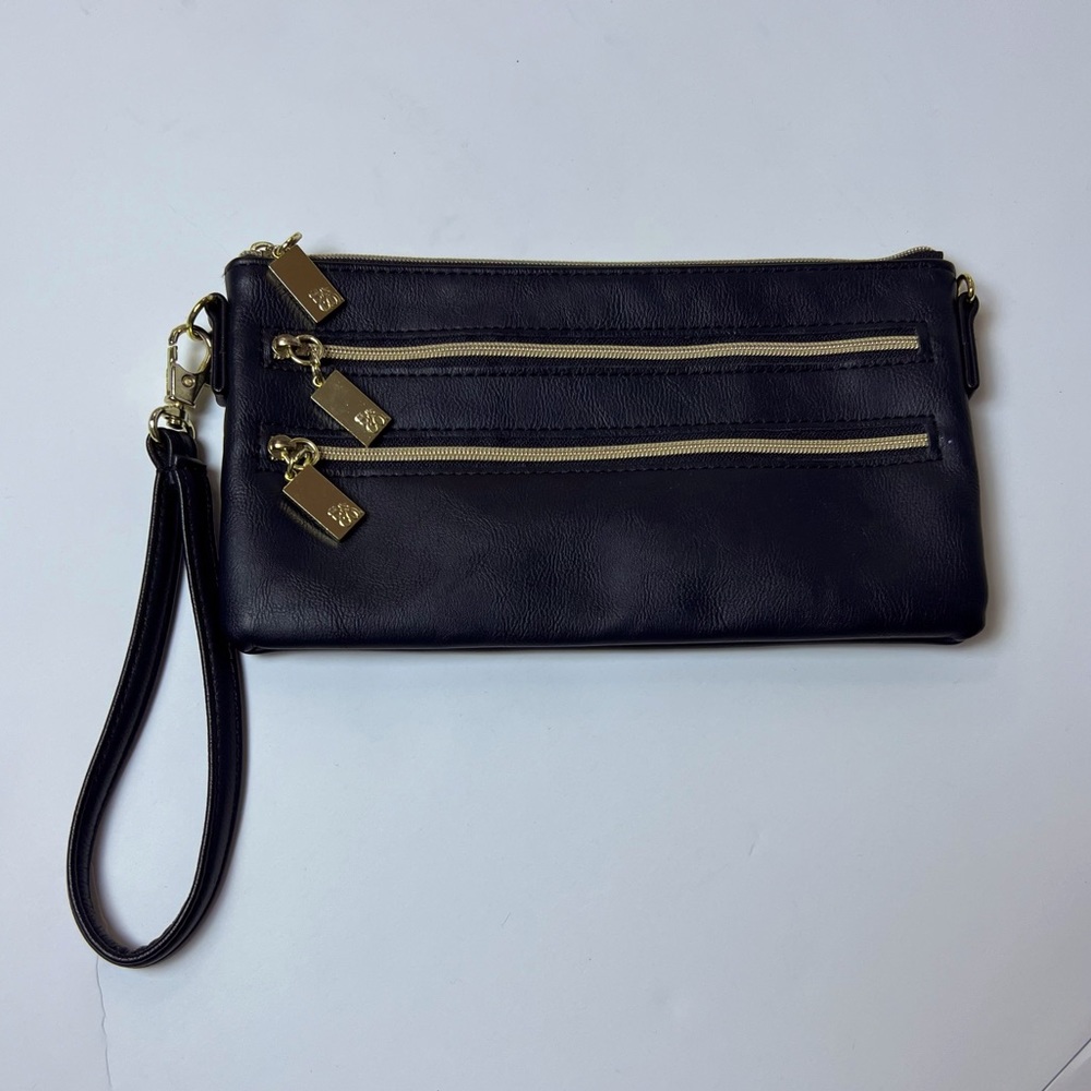 Style & Co Black Leather Wristlet Wallet 3 Zipper Pockets-Detachable Wrist Strap